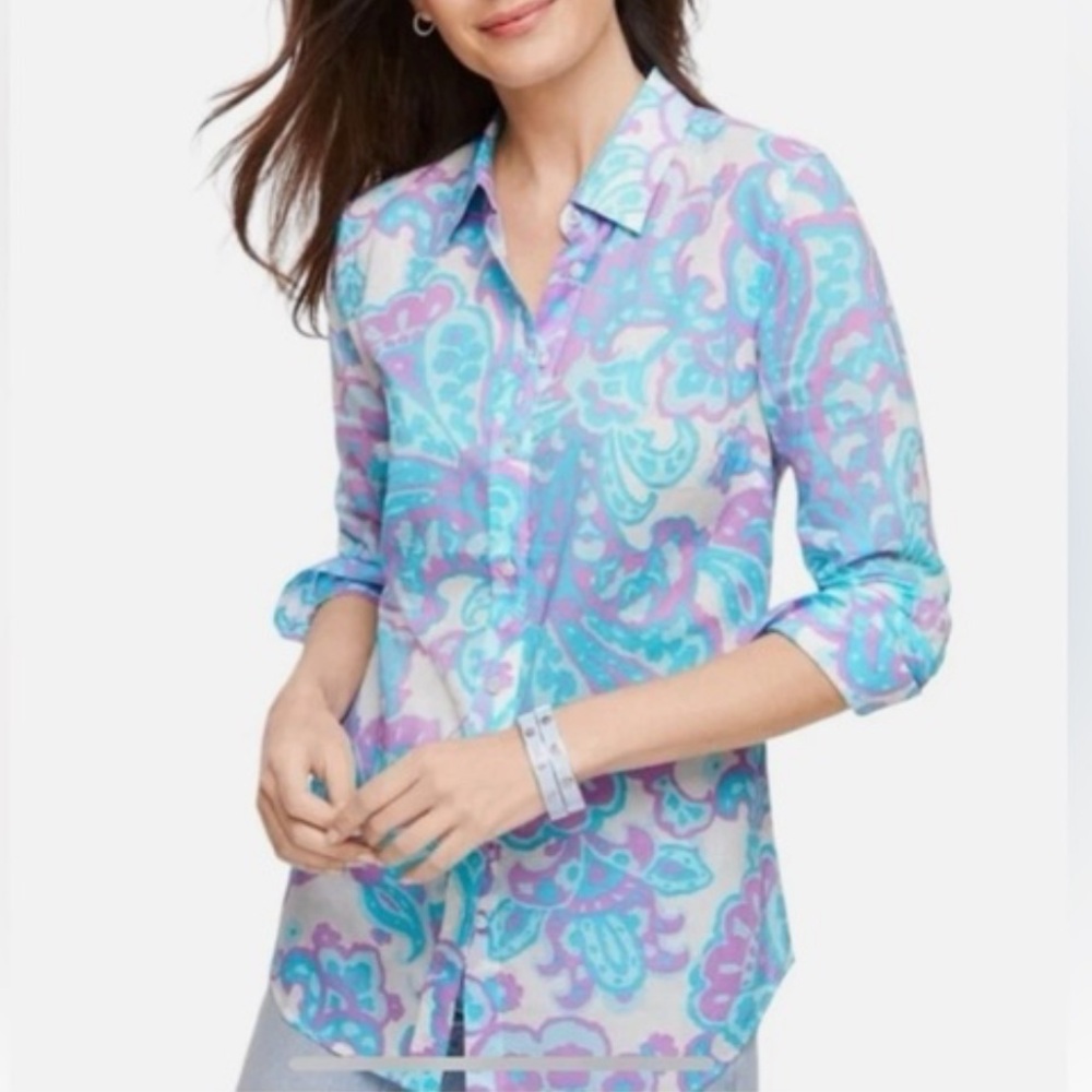 Talbots Plus Ladies Paisley‎ Button-Up  Turquoise Lavender Shirt. Size 1X. NWOT